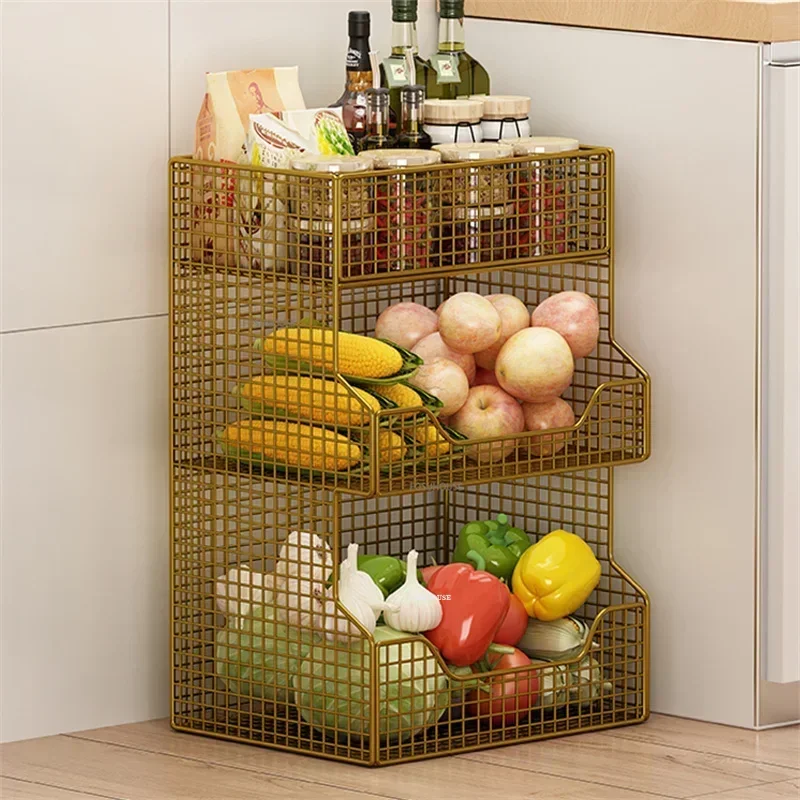 Iron Kitchen Rack Floor-standing Multi-layer Fruit Vegetable Storage Trolley Living Room Toy Storage Mobile Snack Cart N
