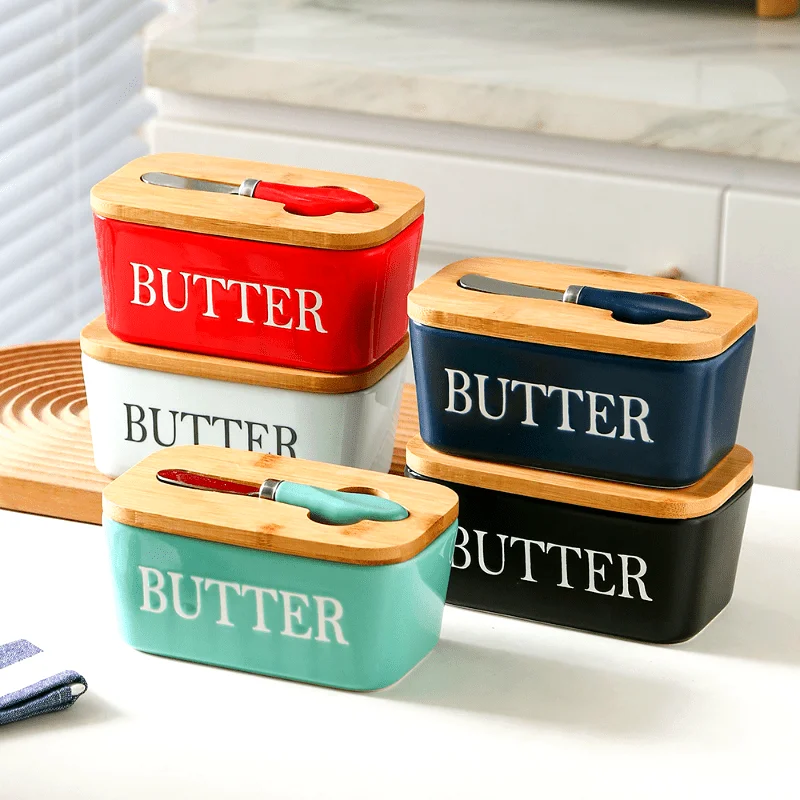 Ceramic Butter Keeper Set Airtight Dish Set-Bamboo Lid and Knife Silicone Sealed Butter Keeper Kitchen Countertop Refrigerator
