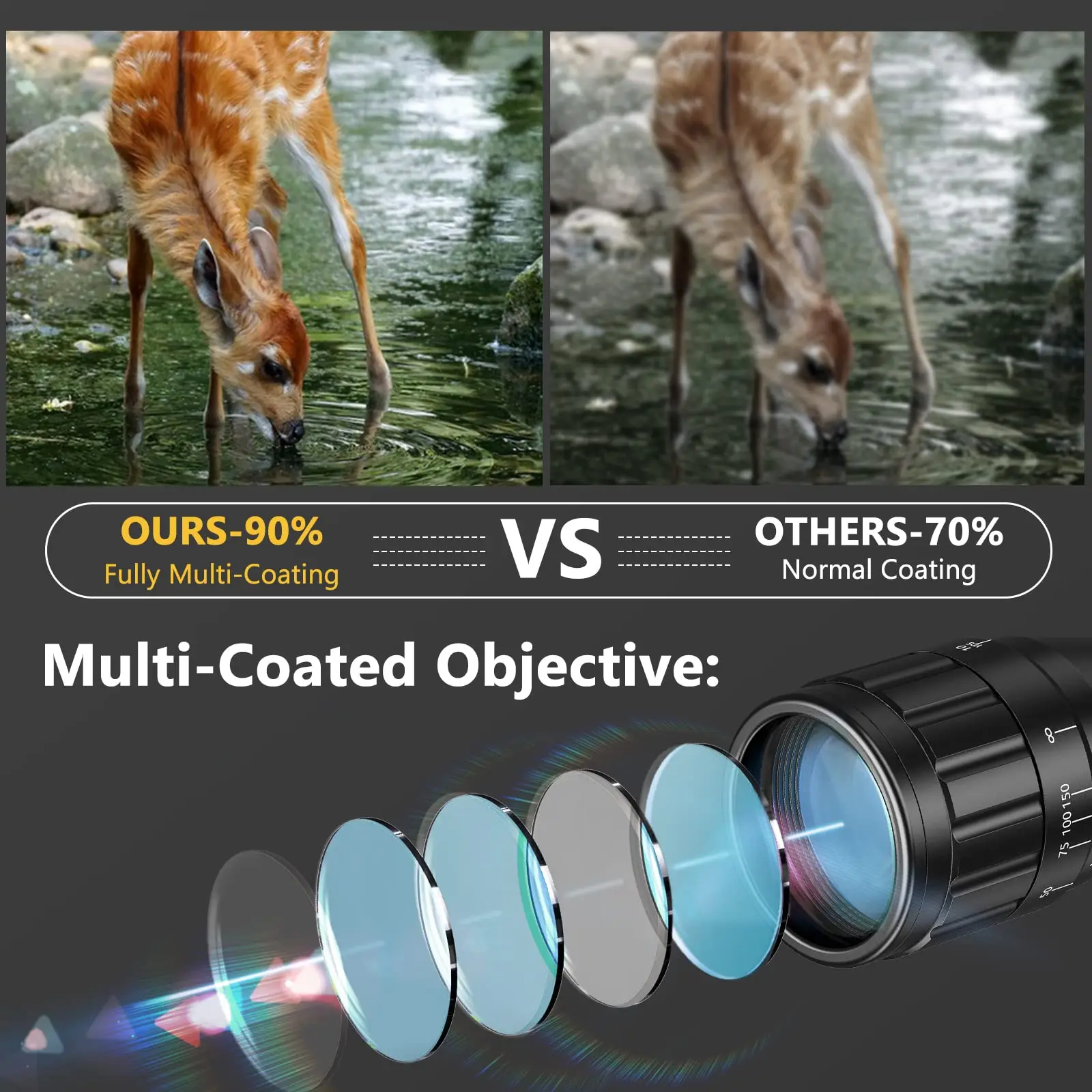 MidTen 6-24x50 AOE Adjustable Objective Lens AO Optics Hunting Rifle Scope Split Tube Blue Film R4 Reticle Crosshair with Mount