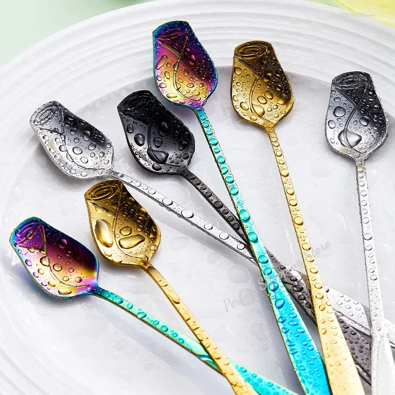 Stainless Steel Spoon Long Handle Teaspoon Rose Mixing For Dessert Honey Salad Tea Coffee