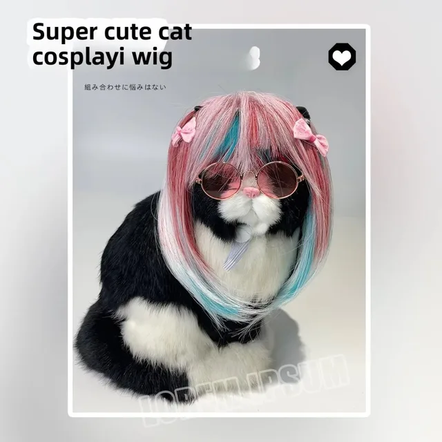 Universal Long Hair Dog Cat Costume Wig Dream Look Funny Cats Cosplay Wig Colorful Blue Pink Wig Costume Party 4