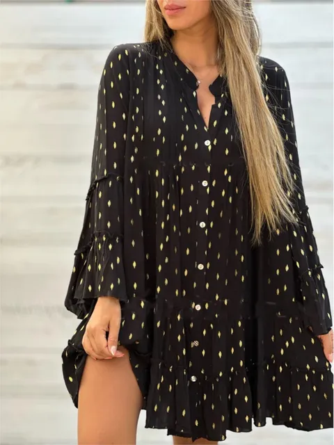 2024 Spring Autumn of new women printed hot fashion printed single-breasted horn sleeves large swing wide dress for women 1
