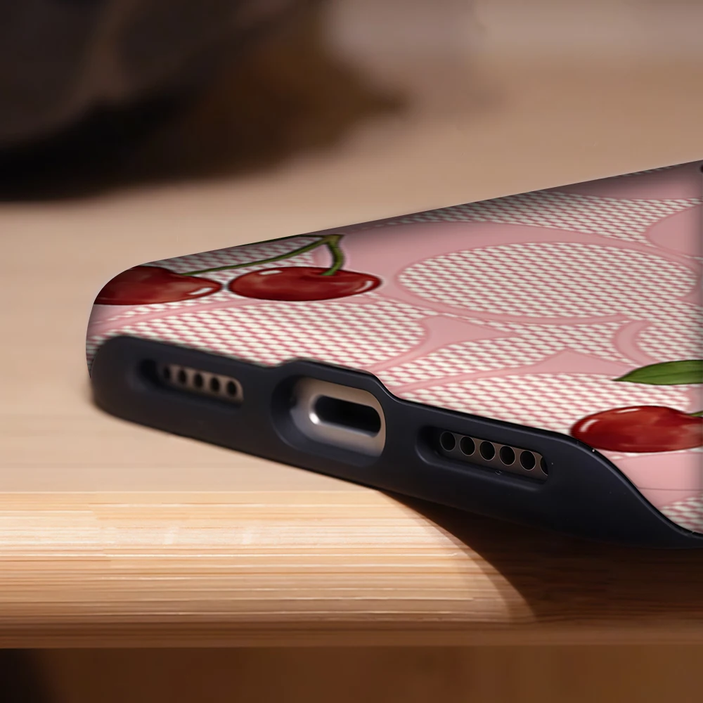 Fashionable Pink Mesh Cherry Phone Case for iPhone 17 16e 16 15 14 13 12 11 7 8 Air Pro Max Plus Luxury Double-layer Back Cover