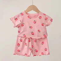 Ensemble pyjama d'été pour bébé fille, motif fraise, manches courtes, fin, deux pièces, vêtements de nuit pour tout-petits, tenue d'intérieur pour nourrissons 2
