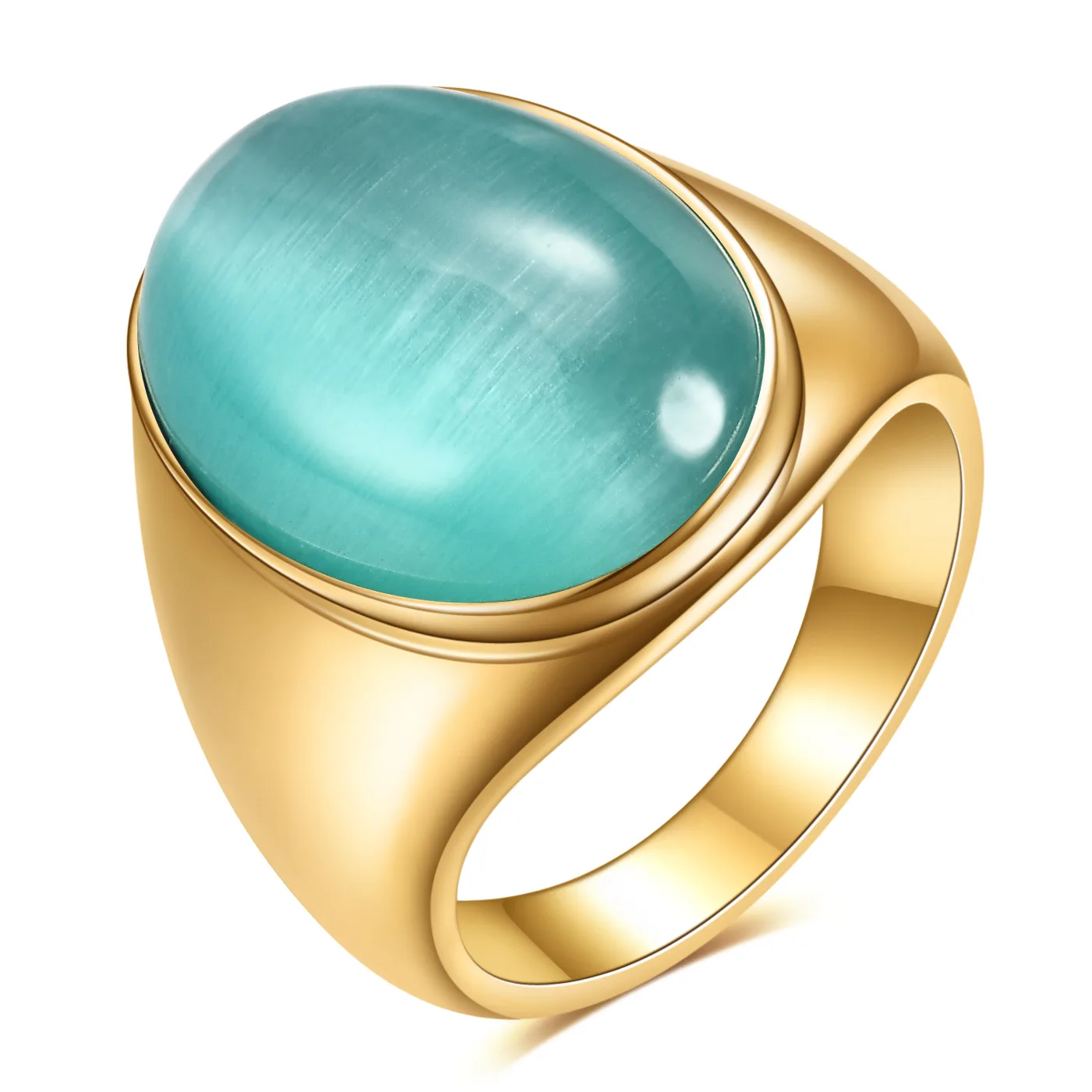 Oval Cat Eye Stone Stainless Steel Ring Gold Silver Plated Multi-color Statement Ring for Women Men