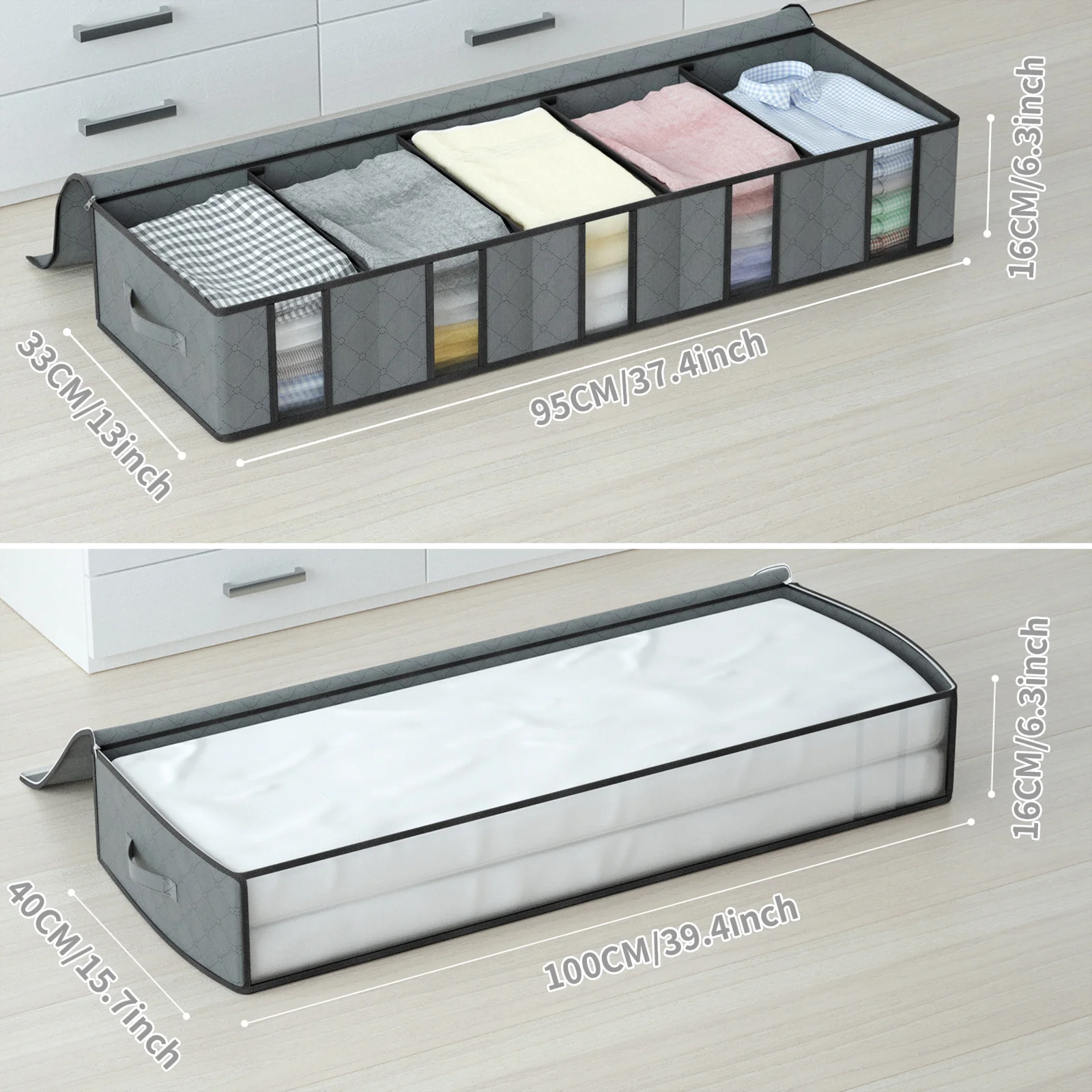 2 Pack Clothes Storage Bag With Removable Dividers board, Under bed Storage Boxes with Clear Window 2
