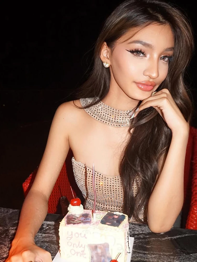 Nibber Slash Neck Dress Women Classic Elegant Sleeveless Birthday Party Banquet Peach Hip Sexy Rhinestone Backless Bodycon