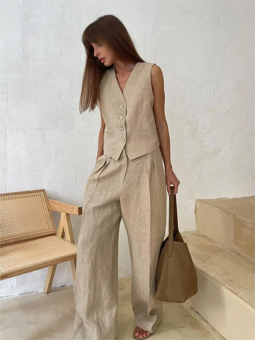 

CHCHFAMILY Women's Set for 2024 Spring New Fashion Casual Single breasted Vest+Casual Pants Set