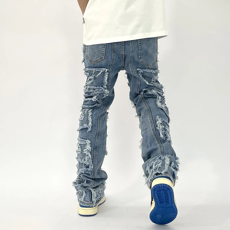 

Retro Hole Ripped Distressed Jeans for Men Straight Washed Harajuku Hip Hop Loose Denim Trousers Vibe Style Casual Jean Pants