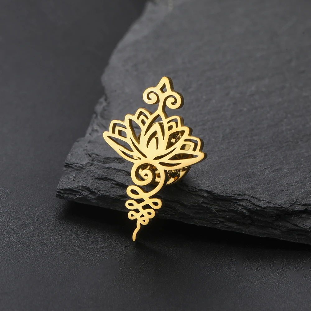 Dawapara Unalome Symbol Lotus Brosche Pins Buddhismus Yoga Blume Spirituelle Heilige Meditation Schmuck Edelstahl – Detail 14