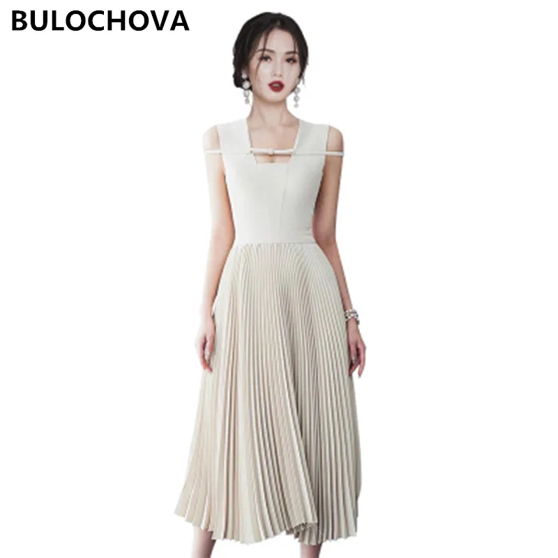 

BULOCHOVA Korean Summer Fashion Elegant Pleated Long Dress Women Square Collar Sleeveless Temperament Vestidos Female 2023 New