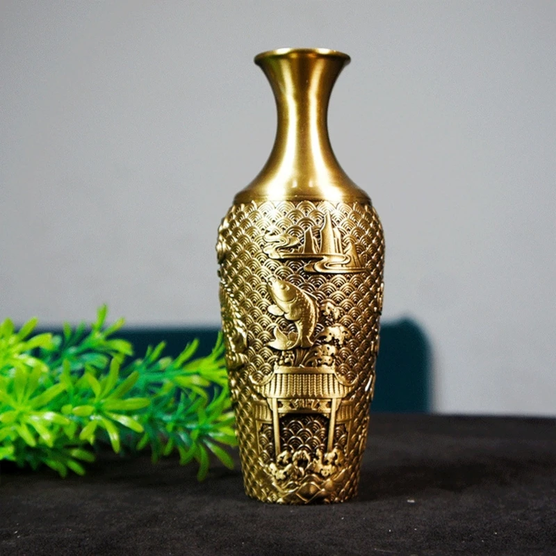 1PC Large Brass Plant Flower Vases with Ornate Dragon and Phoenixes Engravings Vases for Home Living Room or Office Decoration 4