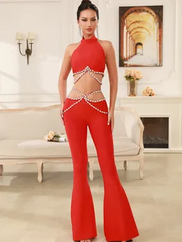 Luxury Women Summer Sexy Cut Out Sleeveless Beading Red Flare Bandage Pants Set 2025 Elegant Evening Club Party Outfits 1