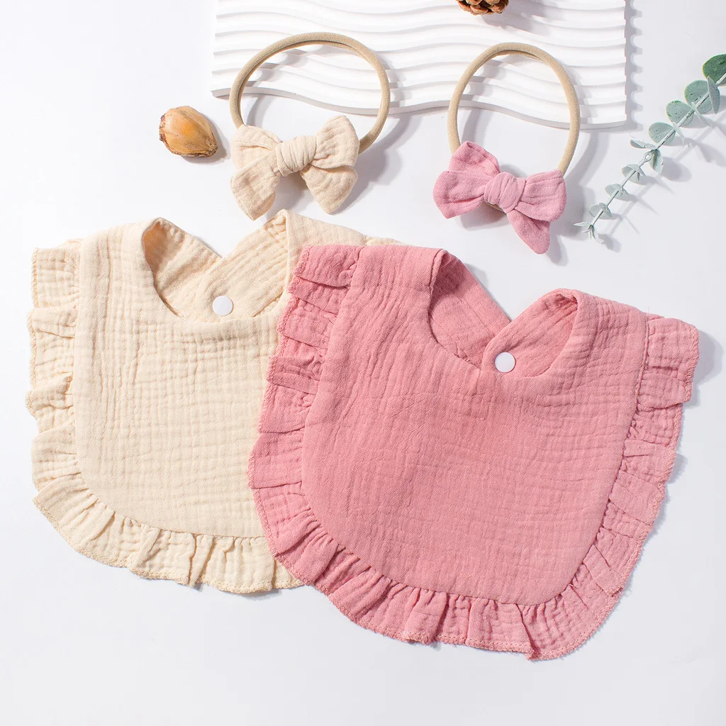 Cotton Baby Headband and Drool Towel Set with Soft Bow in Pastel Colors