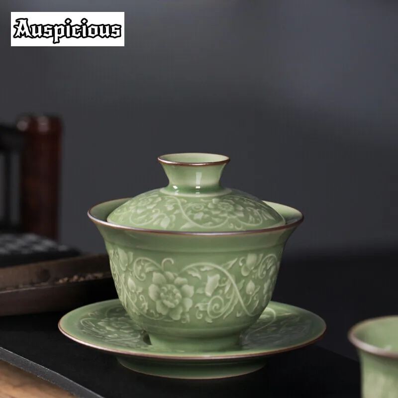 Longquan Celadon Shallow Gaiwan 150ml Zen Relief Entangled Lotus Flower Tea Tureen Tea Making Cover Bowl Ceremony Decoration