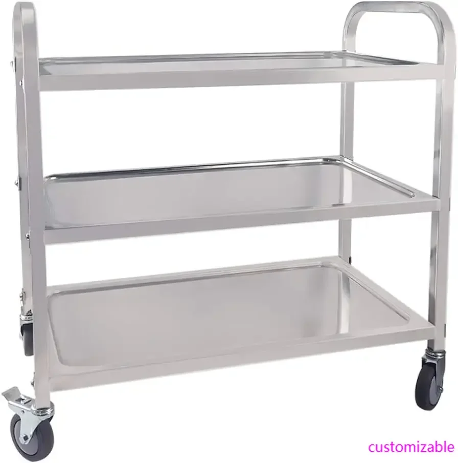 3-Tier Utility Cart with Wheels Kitchen Island Stainless Steel Trolley Serving Cart 300 lbs Capacity Catering Storage Shelf