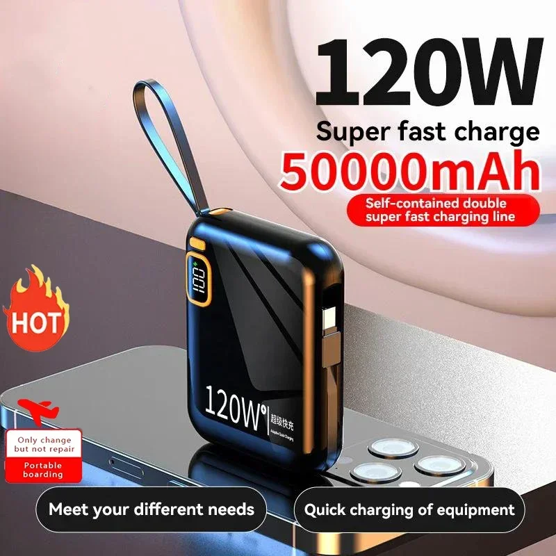 

Портативный внешний аккумулятор PD120W на 50000 мА · ч со съемным кабелем USB TYPE-C, двухстороннее быстрое зарядное устройство, мини внешний аккумулятор для iPhone, Xiaomi, Samsung