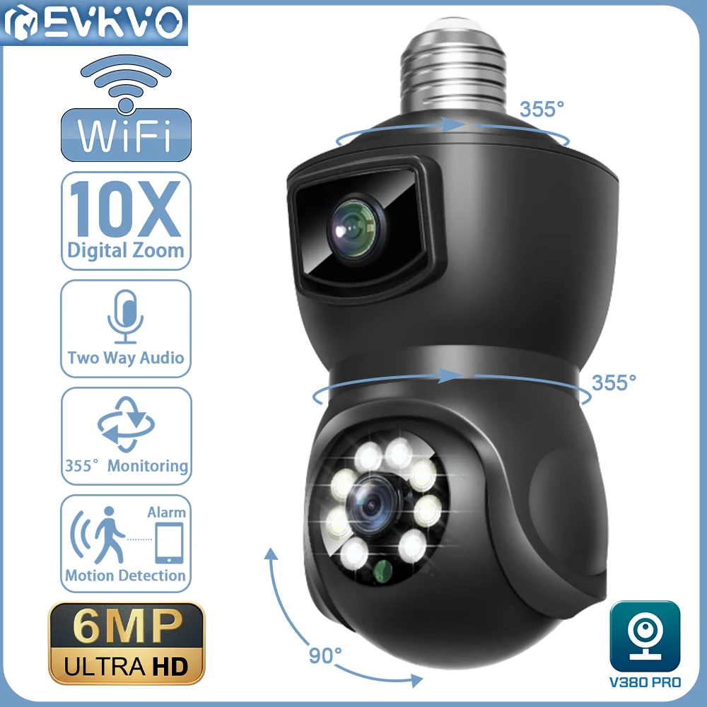 

EVKVO 6MP Dual Lens E27 Bulb WiFi PTZ Camera Dual Screen Auto Tracking Indoor 4MP Security Surveillance IP Camera V380 PRO