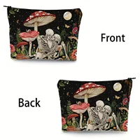 Vibrant Mushroom Skull Floral Cosmetic Bag Zipper Closure Multi-Functional Travel Pouch Fashionable Linen Makeup Case 2