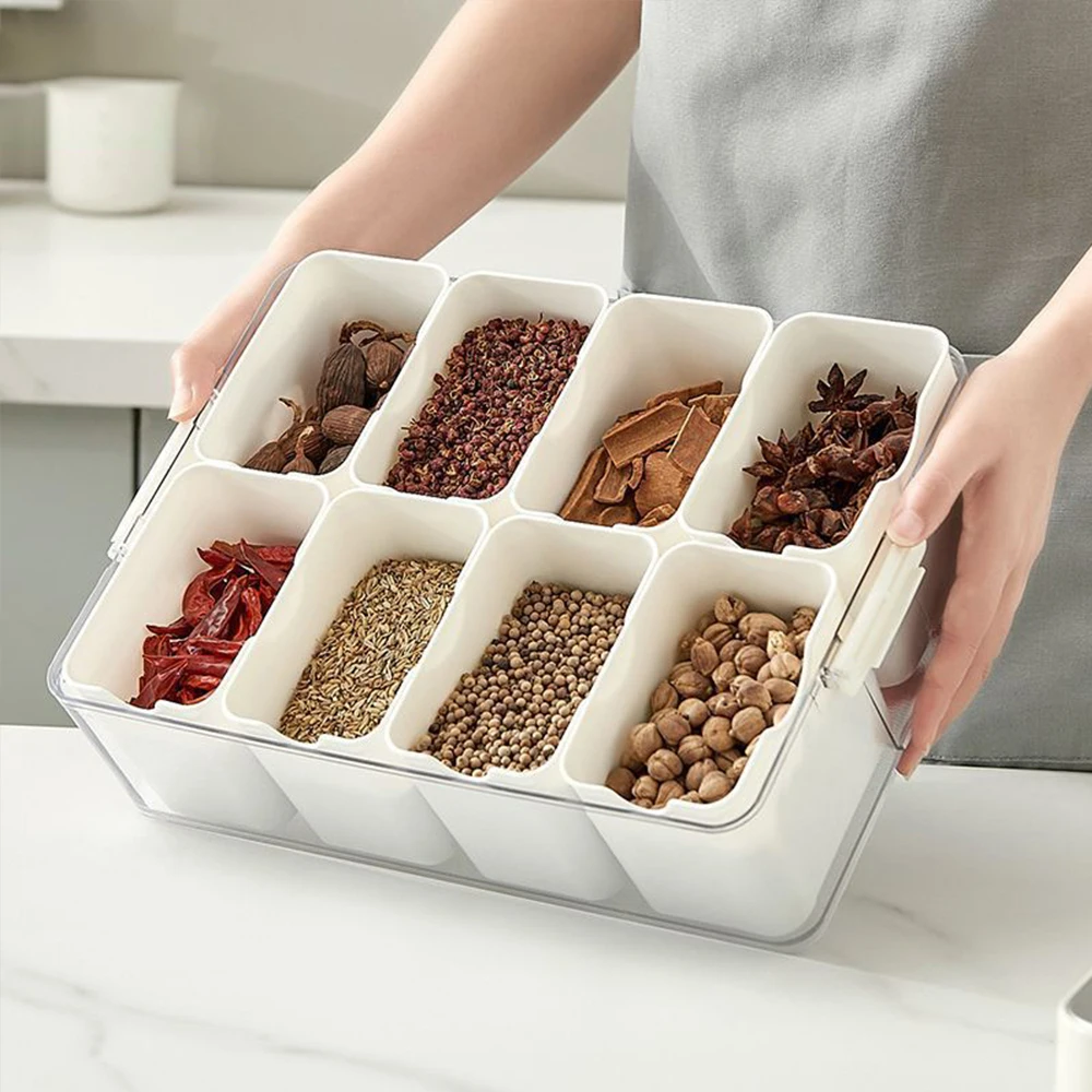 4/8Girds Spice Storage Container Dry Chili Pepper Seasoning Box Food  Storage Box With Lid Fridge Kitchen Organization Box