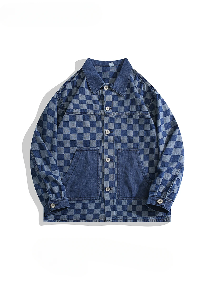 

Men's Checkerboard Plaid Pocket Lapel Denim Jacket Trendy High Street Niche Versatile Casual Loose High-end Single-breasted Coat