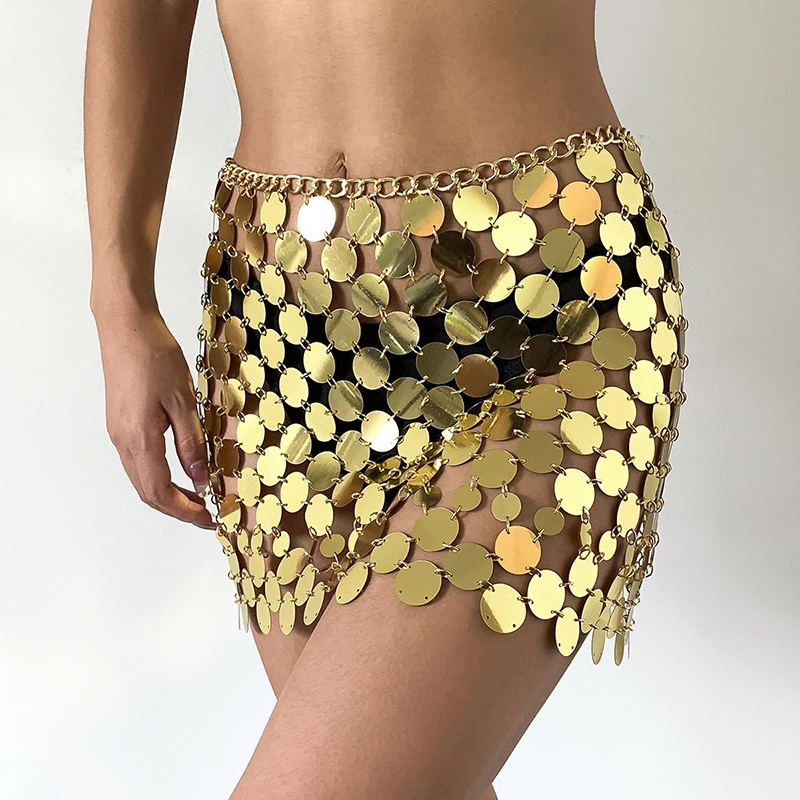 

Women Mini Skirt 2022 Shiny Sequins Metal Chain Patchwork Woman Skirt Hollow Out Transparent Fashion Elegant Solid Short Bottom