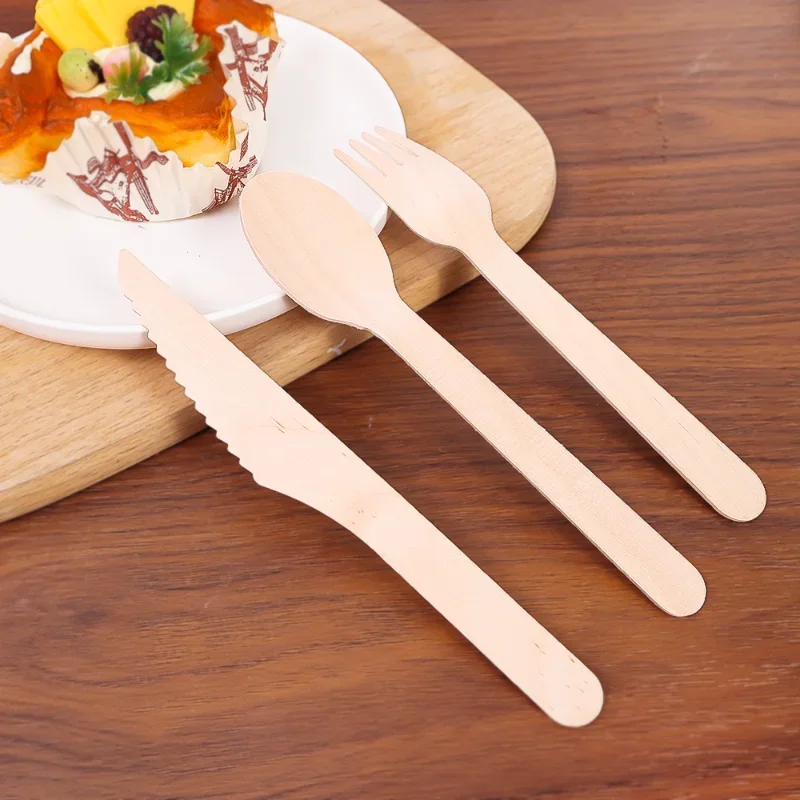 100 pz coltello in legno forchetta cucchiai posate in legno usa e getta  forchette utensili da cucina per Dessert frutta matrimonio festa di  compleanno forniture - AliExpress
