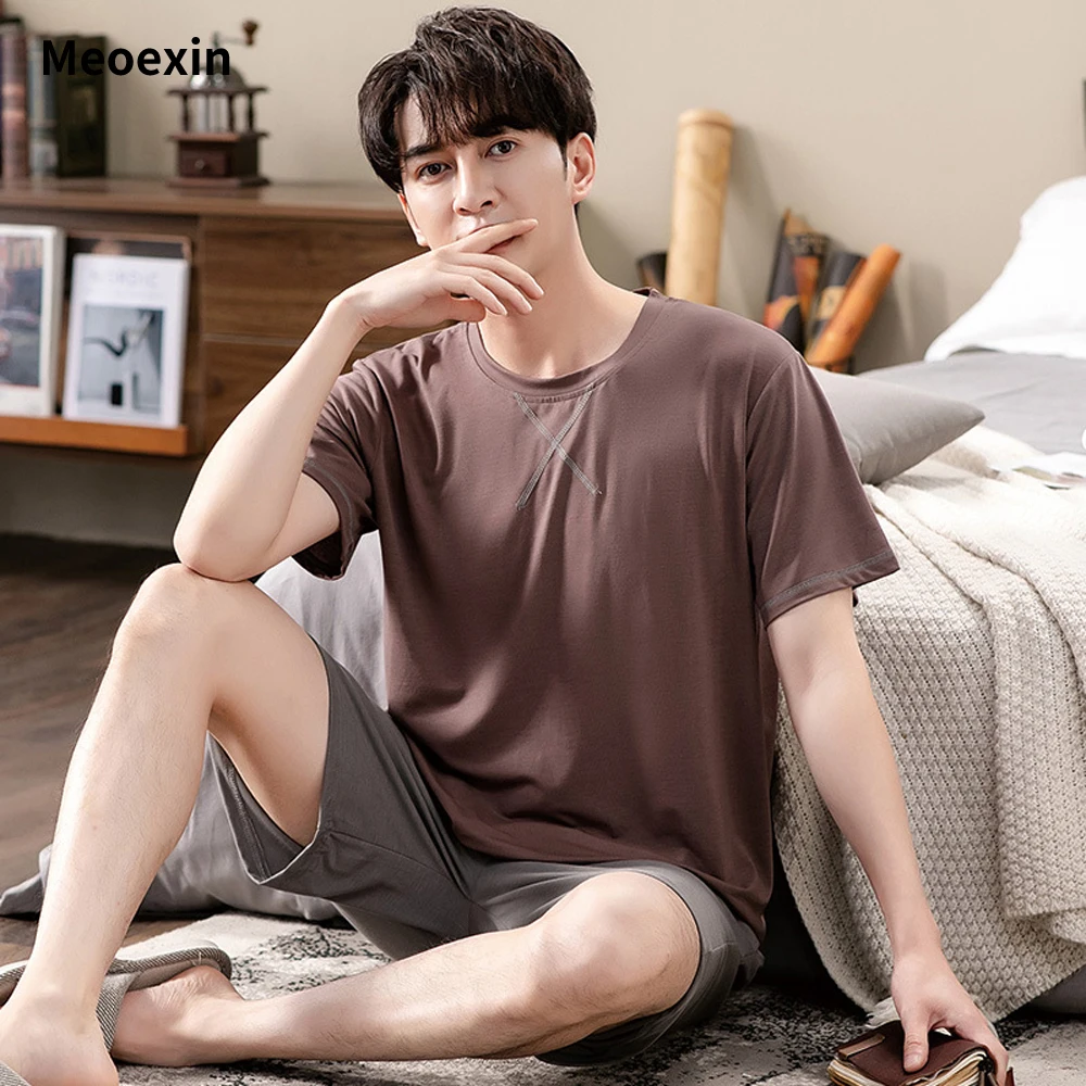 

Summer Men's Pajamas Youth Boys Thin Loose Modal Cool Home Wear Simple Pajama Sets Plus Size for Men Student Sportswear Home