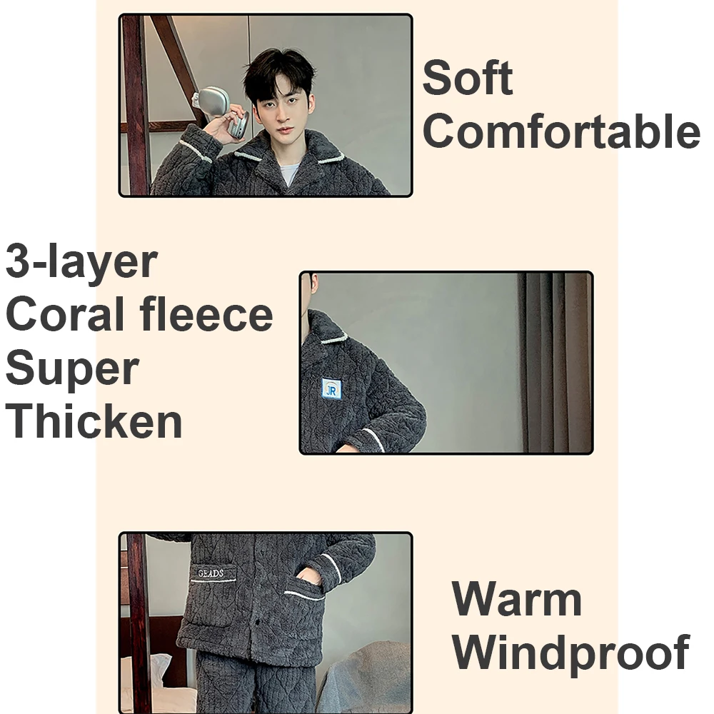3-Layer Coral Fleece Super Thicken Men's Winter Sleeping Pajamas Set for Sleeping Warm Windproof Sleepwear Casual Plaid Pajama