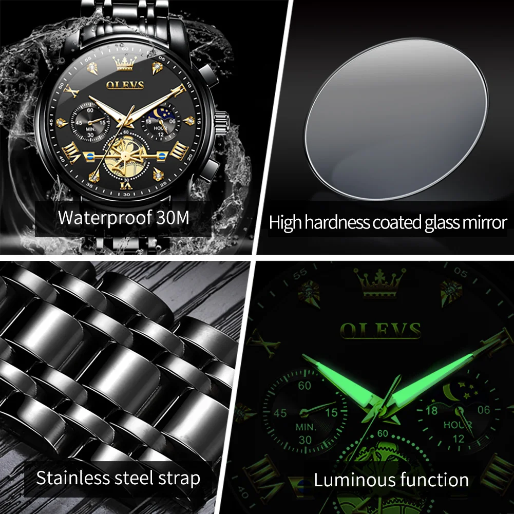 OLEVS Men's Moon Phase Quartz Watch - 30m Waterproof, Luminous Stainless Steel Wristwatch with Genuine Fashion Design, Box Set