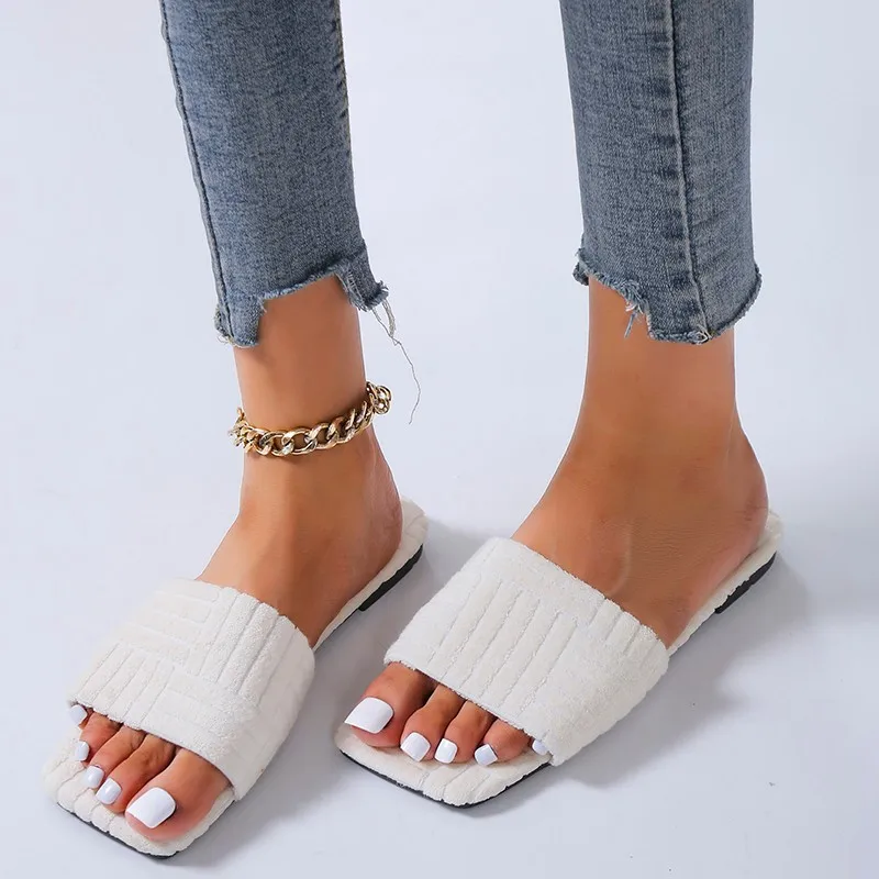 2023 NewTowel Pattern Slippers Women New Embossed Cotton Drag Home All-match Sandals Candy Color Slippers Furry Slides for Women