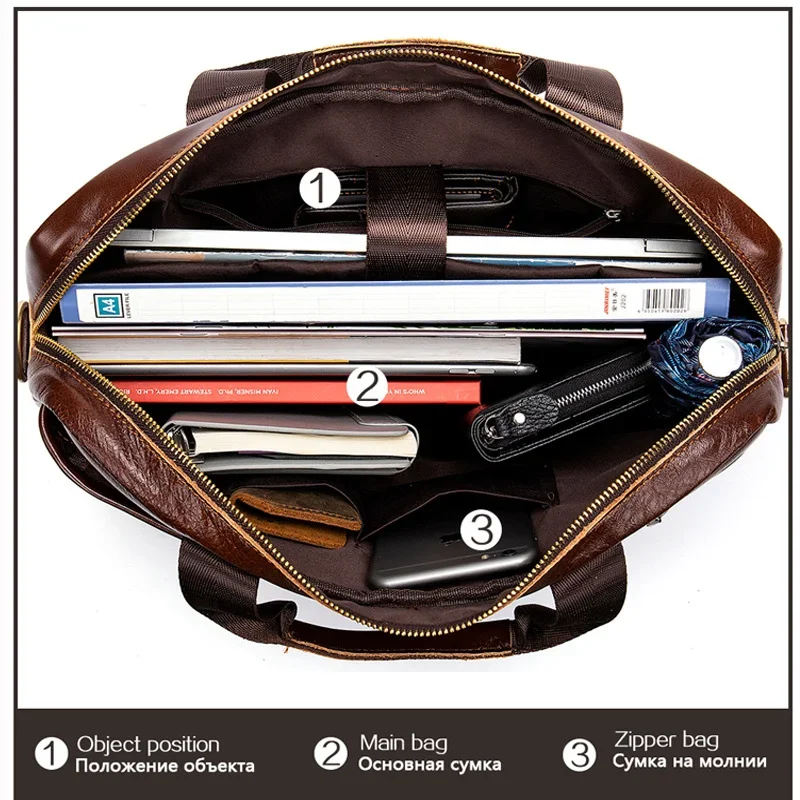 Men's Briefcase Casual Genuine Leather Handbag Business 14 Inch Laptop Bag Vintage Single Shoulder Crossbody Shoulder Bag