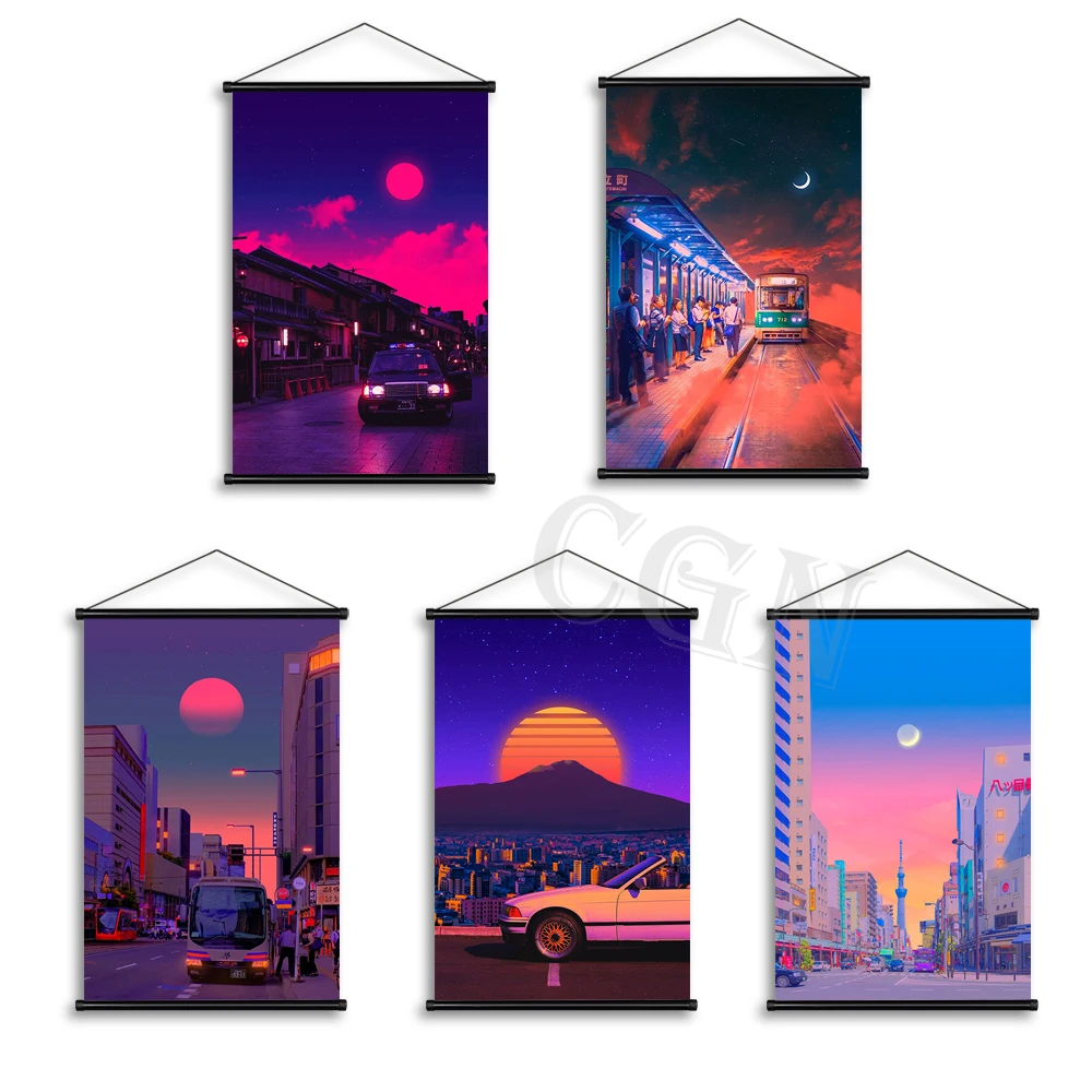 

Город ночь аниме сцены Vaporwave автомобиль Висячие свитки плакаты картины HD печать на стене искусство холст живопись дома Спальня Декор