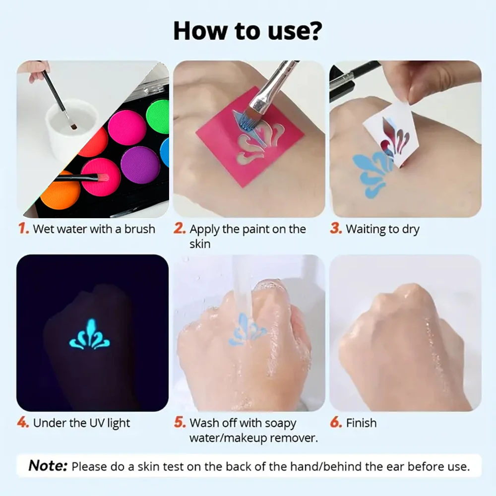 Waterproof 8 Color Water Based Face Body Paint Halloween Cosplay Black Light Face Makeup for Party UV Face Paint cosmetics 6