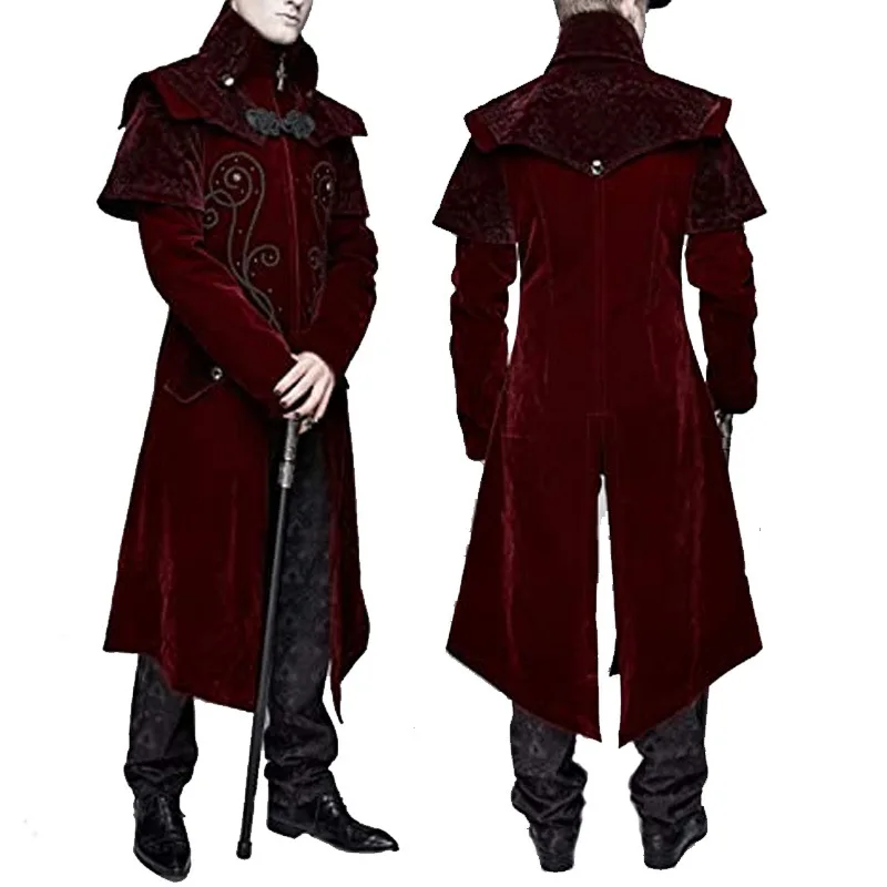 

Men's Medieval Steampunk Castle Vampire Devil Black Red Cosplay Costume Middle Ages Victorian Nobles Tuxedo Suit Trench coat