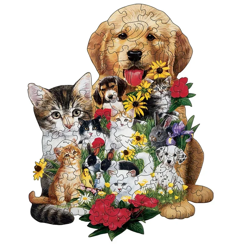 

Wooden Animal Puzzles Jigsaw Unique Colorful Dogs Cats Rabbits Puzzle DIY Holiday Gift Festival Games Educational Toys For Kids