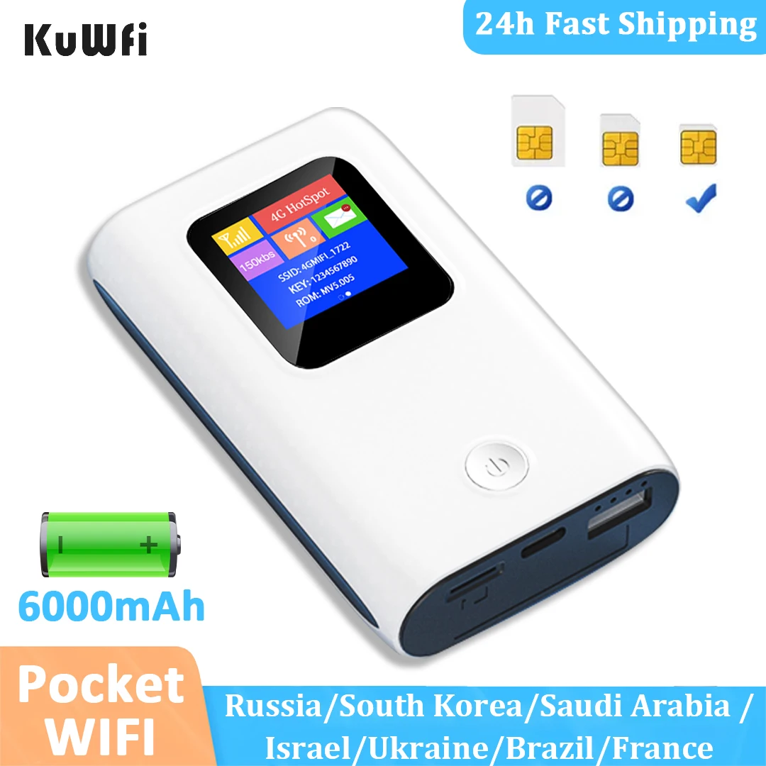 KuWfi 4G Lte Router Wireless Portable Wifi Router Modem Mini Outdoor Hotspot 150mbps Pocket Wifi with Sim Card Slot 6000mah