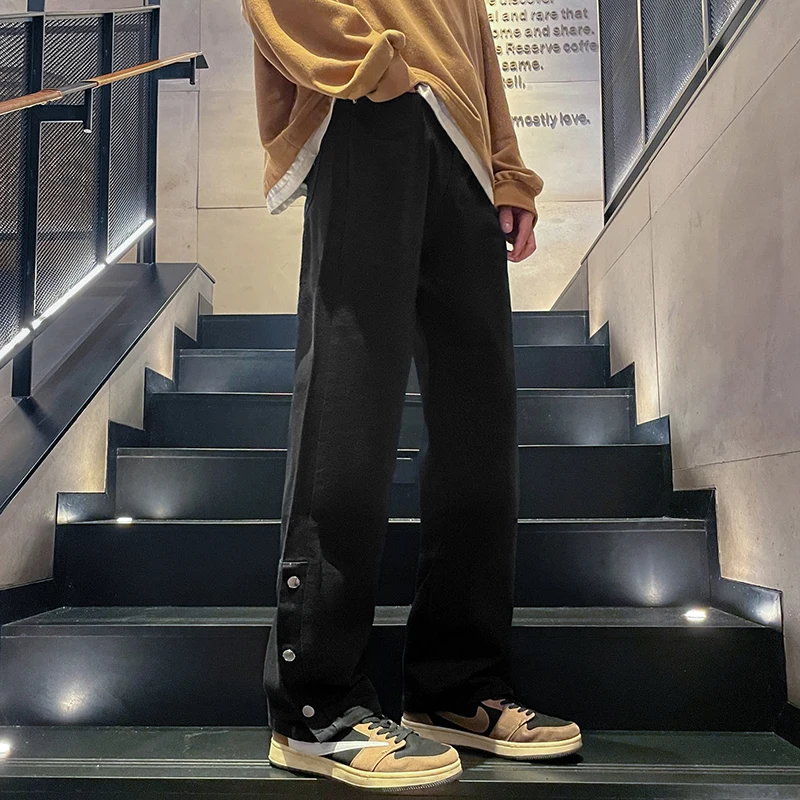 Y2K Straight Loose Jeans for Men Vintage Baggy Denim Pants High Street Wide Leg Trouser Streetwear Side Buckle Pantalones Hombre