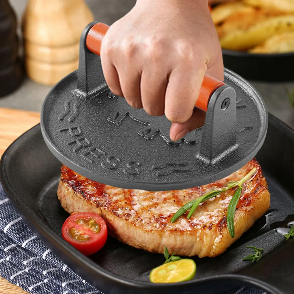 Cast Iron Burger Press Burger Meat Press Mold Wooden Handle Smash 7.09 in Anti Scald for Outdoor Camping