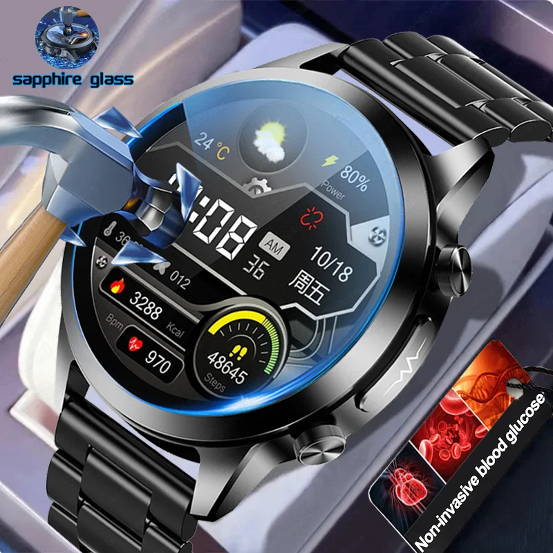 Nuovo Vetro Zaffiro Amoled Blood Glucose Smart Watches Men Ecg + Ppg Blood Pressure Blood Oxygen Health Smartwatch Per Android Ios