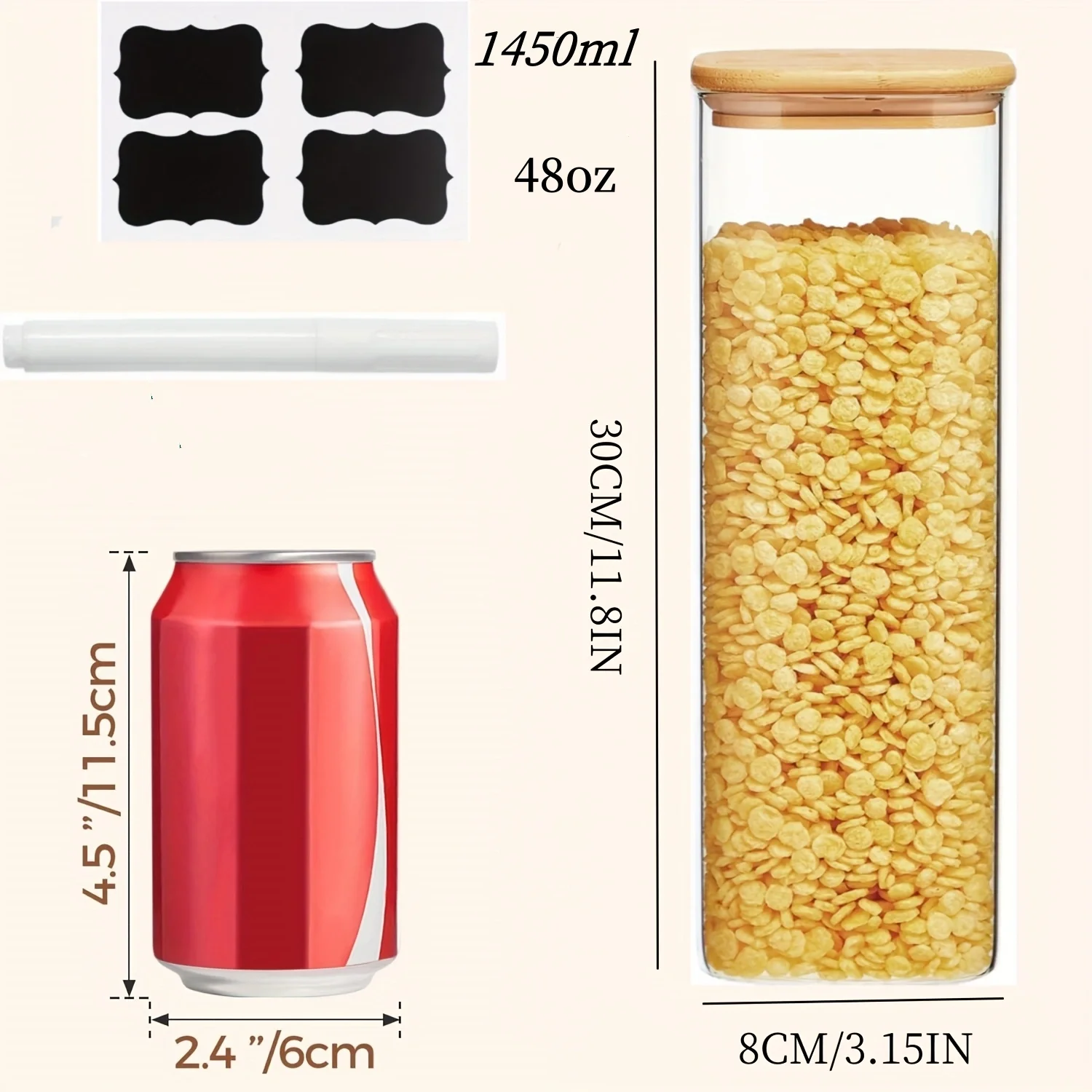 2/4パック-1450ml角型ガラス瓶、蓋付きガラス保存容器、広口パスタ瓶