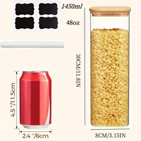 2/4Pack-1450Ml Square Glass Jar, Glass Storage Container with Lid, Wide-Mouth Pasta Jar, Kitchen Storage Jar, Kitchen Pasta, Cereals, Oats, Sugar, Biscuits, Bean Storage, Air-Closed Glass Jar Set, Kitchen Organization and Storage 2