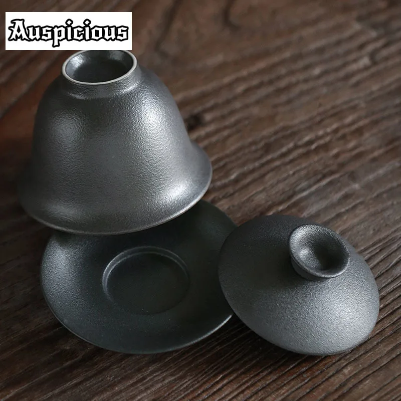 150ml Retro Black Pottery Sancai Gaiwan Ceramic Tea Cup Tea Tureen Household Kung Fu Set Ceremony Drinkware Customized