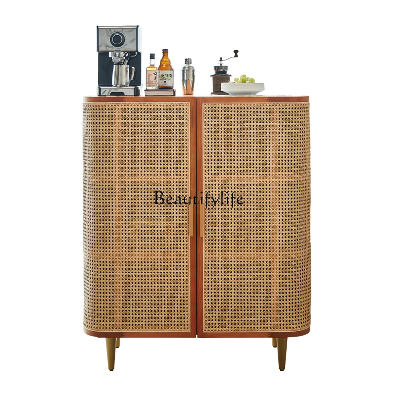 

Japanese-Style Rattan Solid Wood Sideboard Multi-Functional Home Living Room Wall-Mounted Double-Door Locker