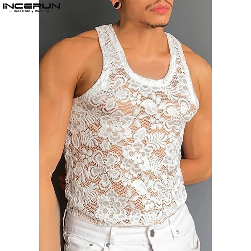 

INCERUN Men's Tank Tops Lace O-neck Sleeveless Sexy Streetwear Male Vests Summer Transparent 2024 Fitness Fashion Men Clothing