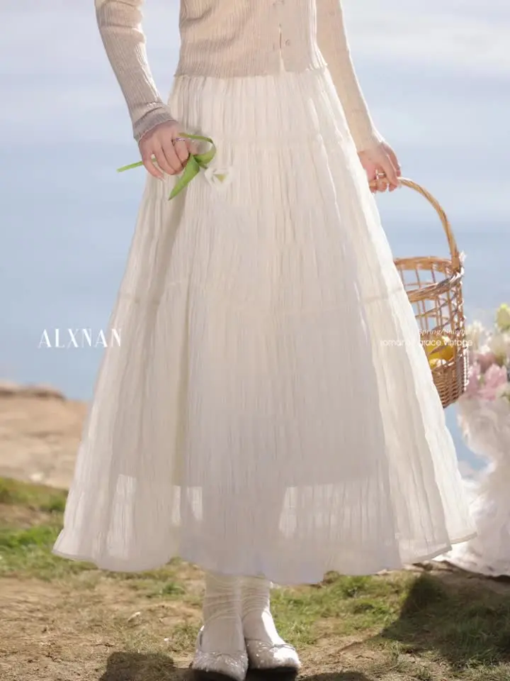 ALXNAN абрикосовая женская юбка тонкая трапециевидной формы с морщинами элегантная