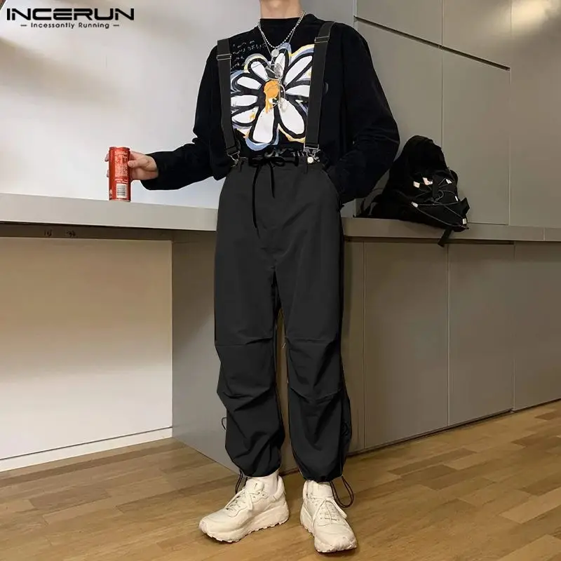

INCERUN Men Jumpsuits Solid Color Drawstring Loose Joggers Casual Rompers Men Streetwear 2023 Fashion Harem Pants Overalls S-5XL