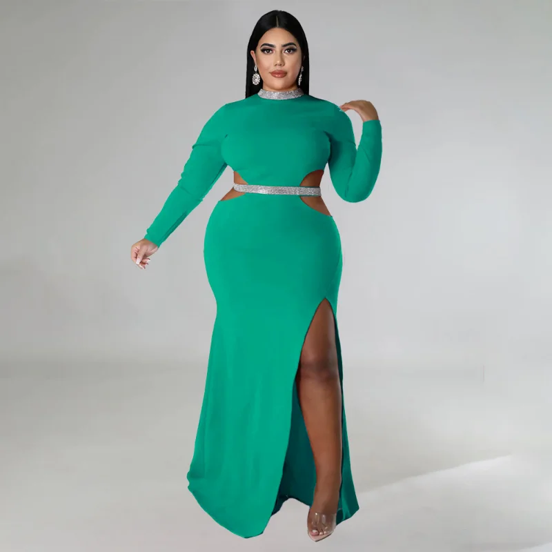 

WUHE Solid O-Neck Diamonds Splicing Waist Hollow Out Sexy Night Party Dress 2023 Lady Spring High Split Plus Size Maxi Dress