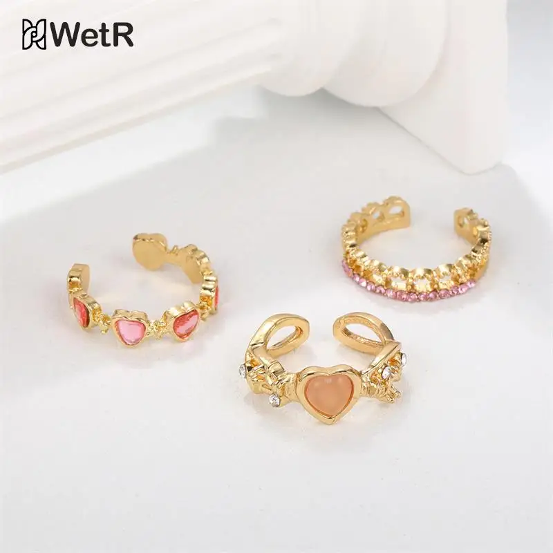 Y2k Pink Crystal Rings For Women Girls Heart Bowknot Ring Butterfly Finger Ring 3pcs/Set Romantic Fashion Party Jewelry Gifts 4