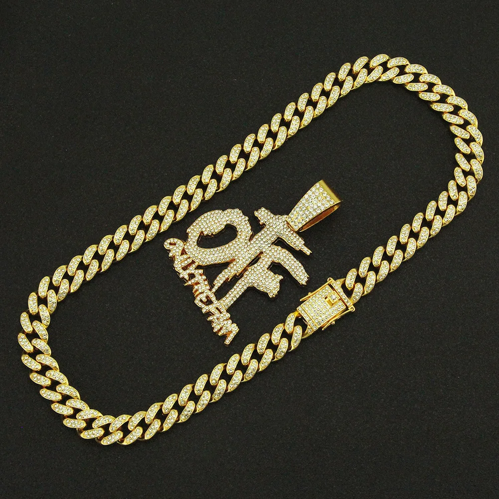 

Hip Hop Iced Out Cuban Chains Bling Diamond Letter OFF Rhinestone Pendants Mens Necklace Gold Charm Jewelry for Boys Rock Choker